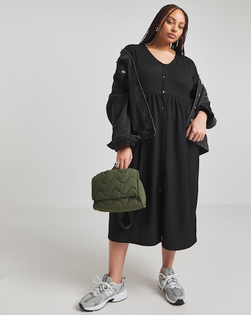 Black Long Sleeve Waffle Button Up Midi Dress With Pockets