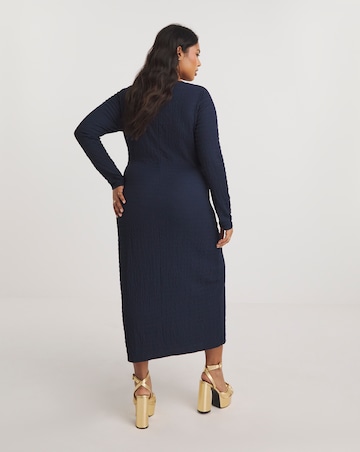 Navy Ruched Textured Jersey Midi Dress