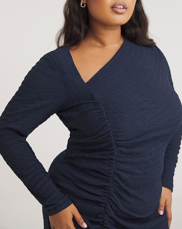 Navy Ruched Textured Jersey Midi Dress