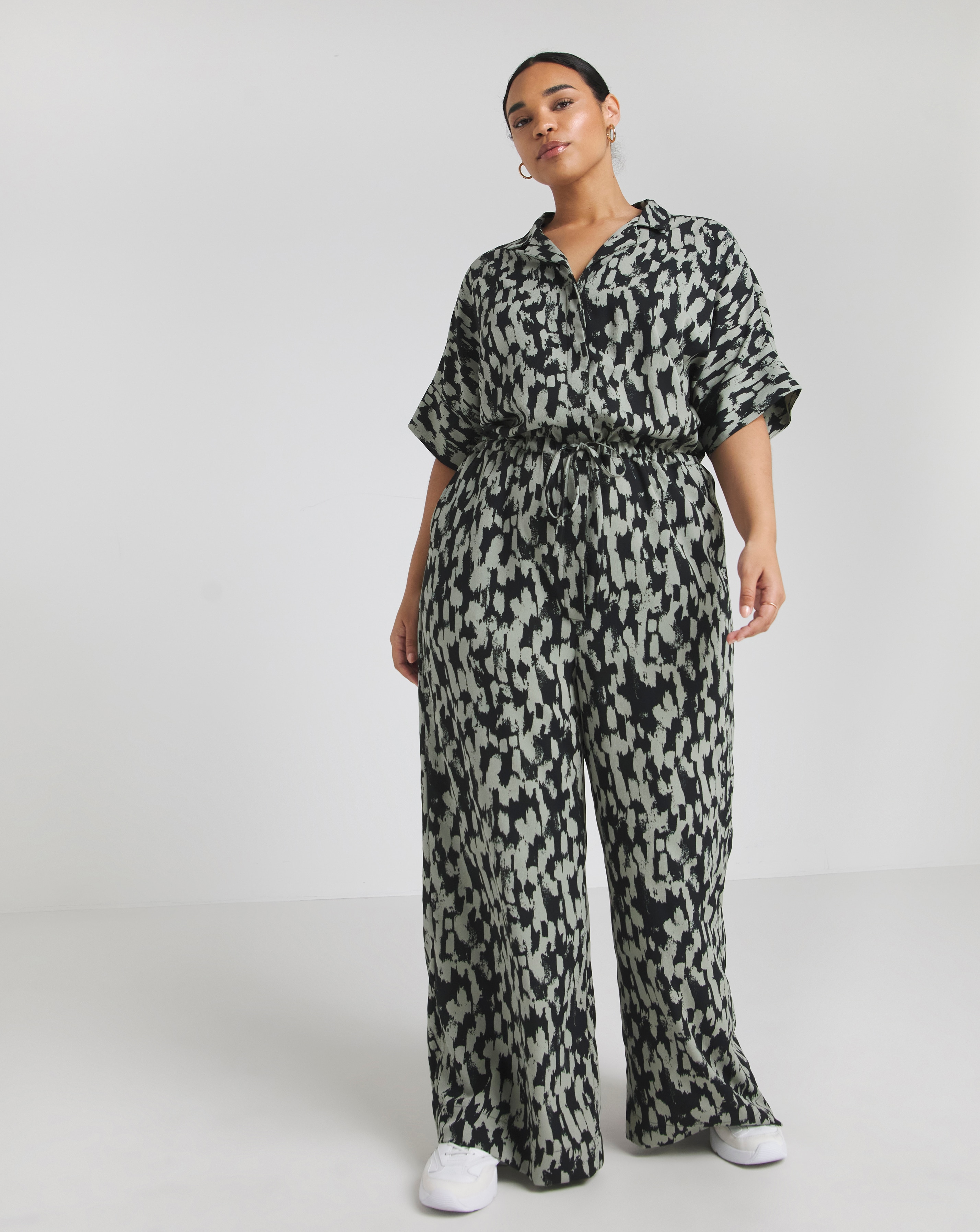 Green Print Button Through Jumpsuit
