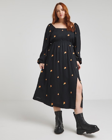 Embroidered Peach Midi Dress With Shirred Back