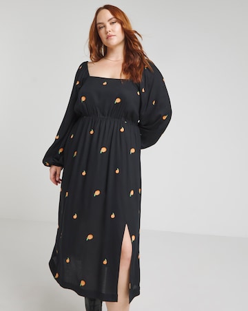 Embroidered Peach Midi Dress With Shirred Back