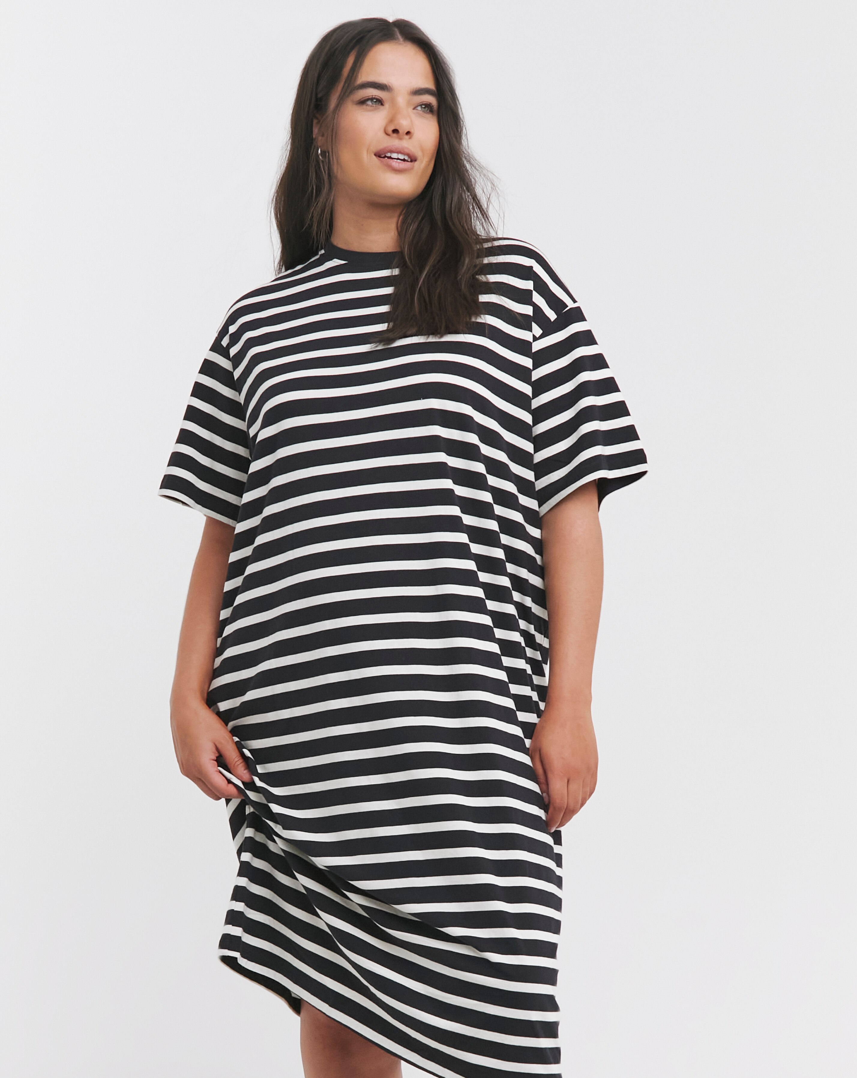 Mono Stripe Cotton Jersey Midi T-Shirt Dress