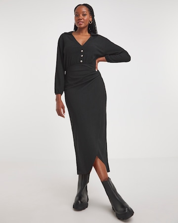 Black Textured Jersey Wrap Front Midi Shirt Dress