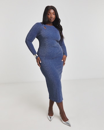 Blue Cut Out Glitter Rib Midi Column Dress