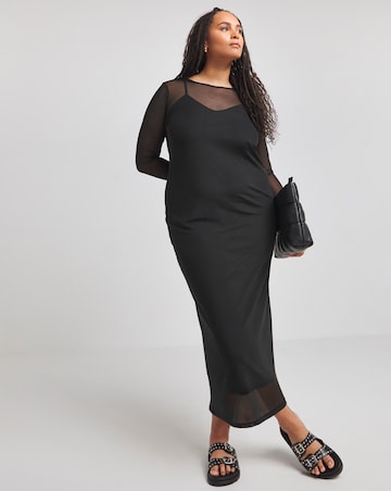 Black Long Sleeve Mesh Midaxi Column Dress