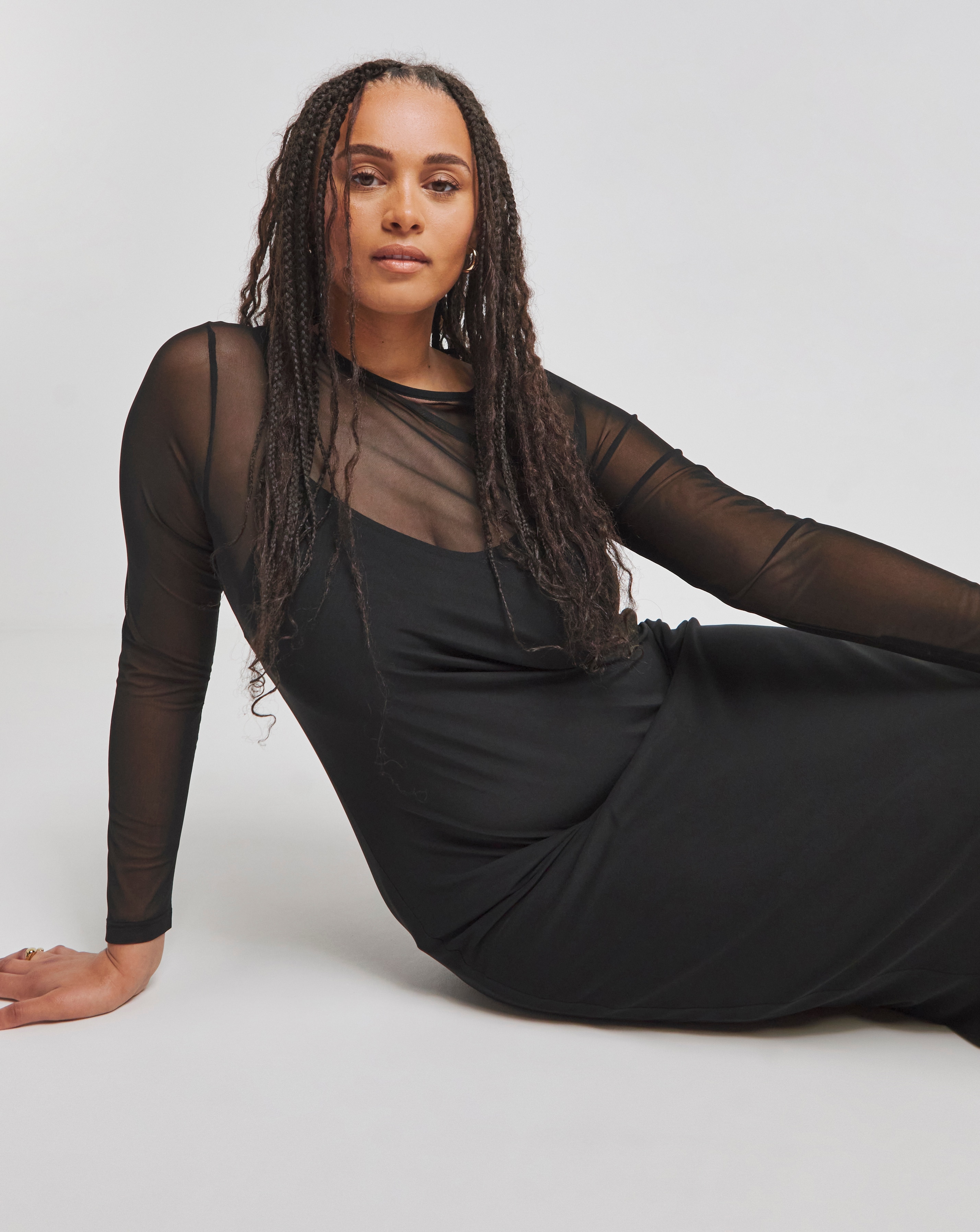 Black Mesh Midaxi Column Dress