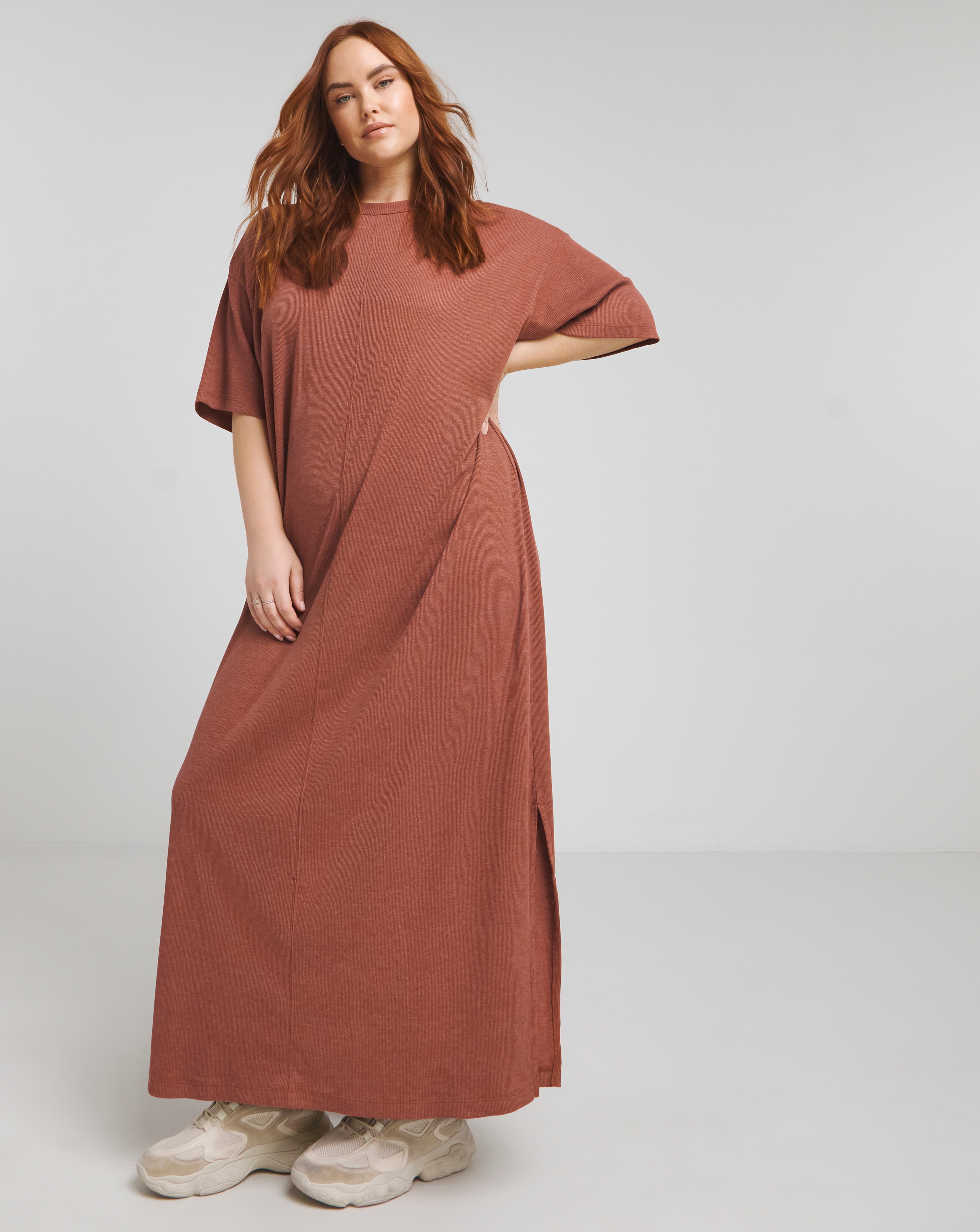 Terracotta Ribbed Maxi T-Shirt Dress