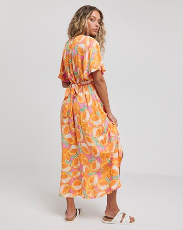 Simply Be Orange Print Crinkle Wrap Midi Dress
