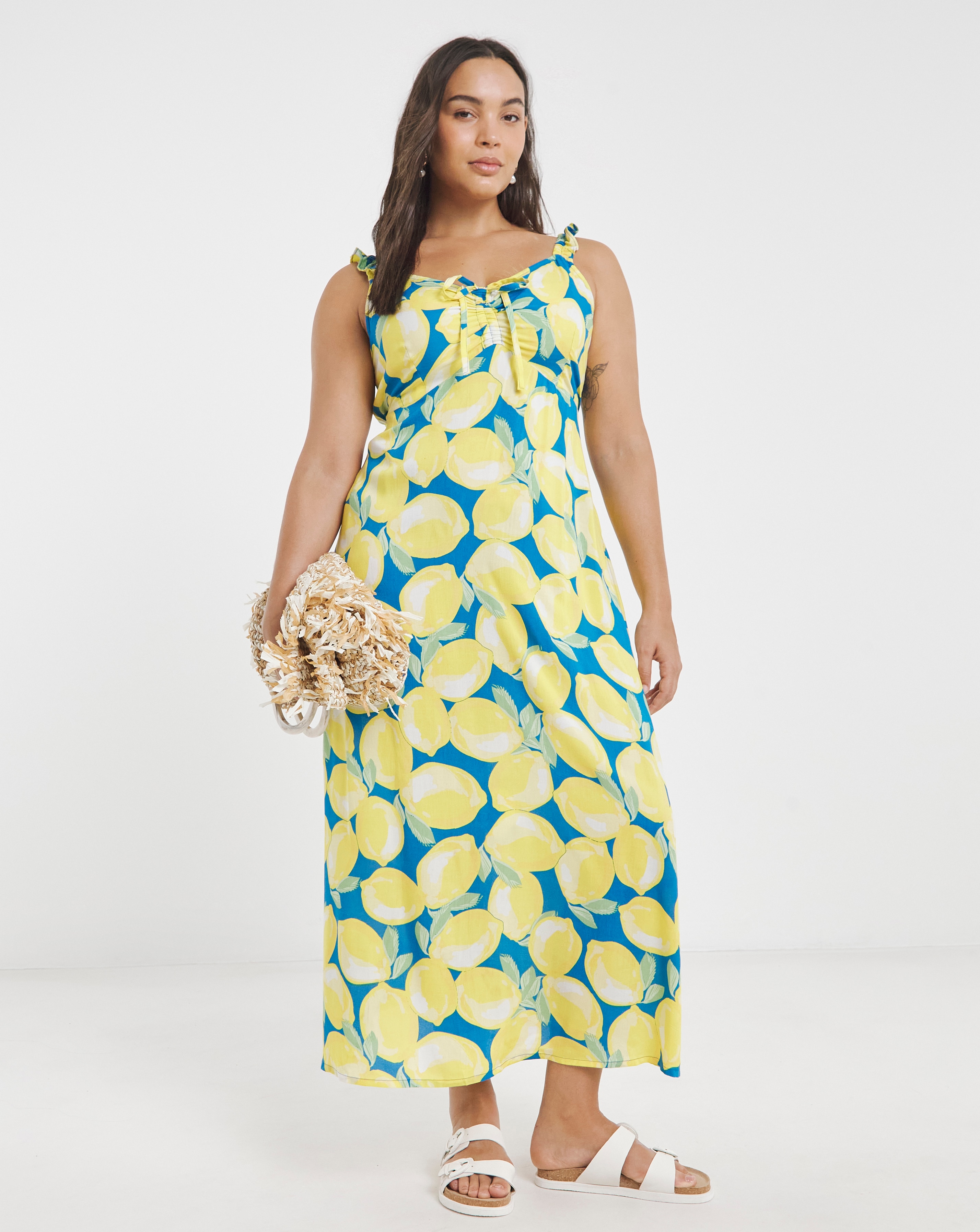 Ruched Front Lemon Slip Dress