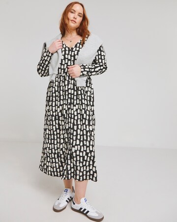 Mono Print Waffle Button up Midi Dress With Pockets