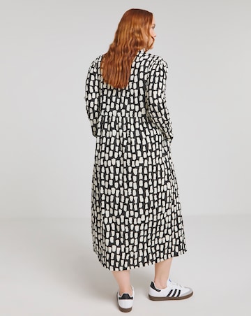 Mono Print Waffle Button up Midi Dress With Pockets