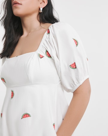 Simply Be White Poplin Embroidered Fruit Skater Dress