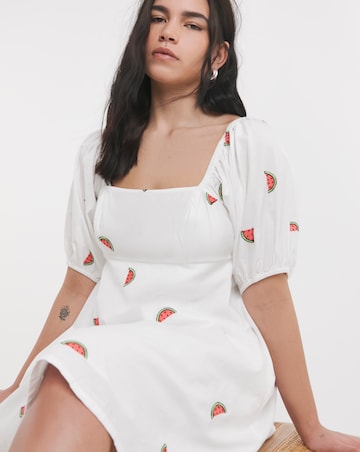 Simply Be White Poplin Embroidered Fruit Skater Dress