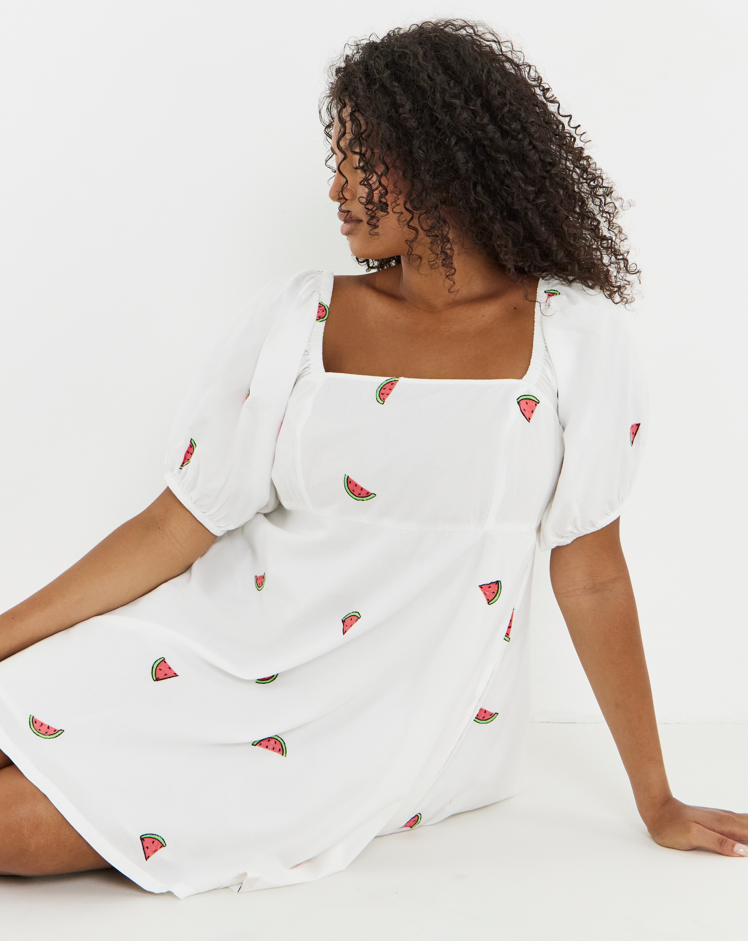 White Embroidered Fruit Skater Dress