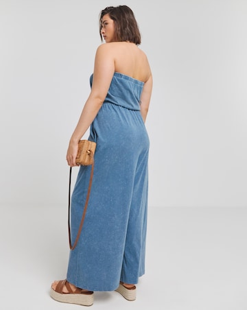 Simply Be Blue Acid Wash Cotton Jersey Bandeau Jumpsuit