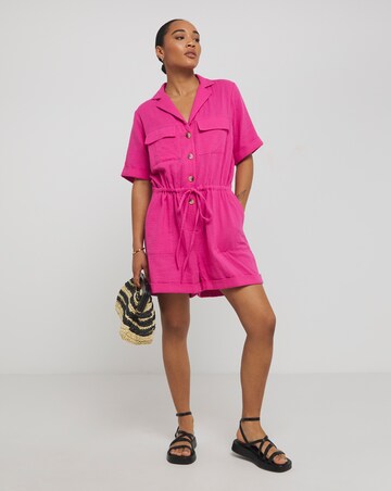 Simply Be Pink Cheesecloth Button Up Playsuit With Pockets