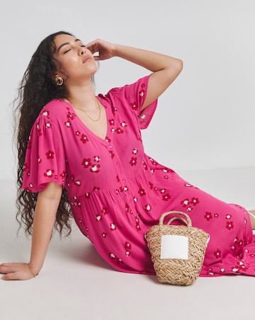 Simply Be Pink Floral Crinkle Button Through Maxi Dress With Pockets