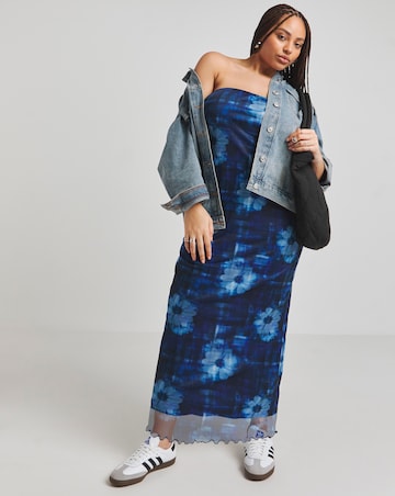 Simply Be Blue Printed Mesh Bandeau Maxi Dress