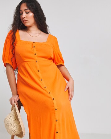 Simply Be Orange Crinkle Button Through Midi Dress