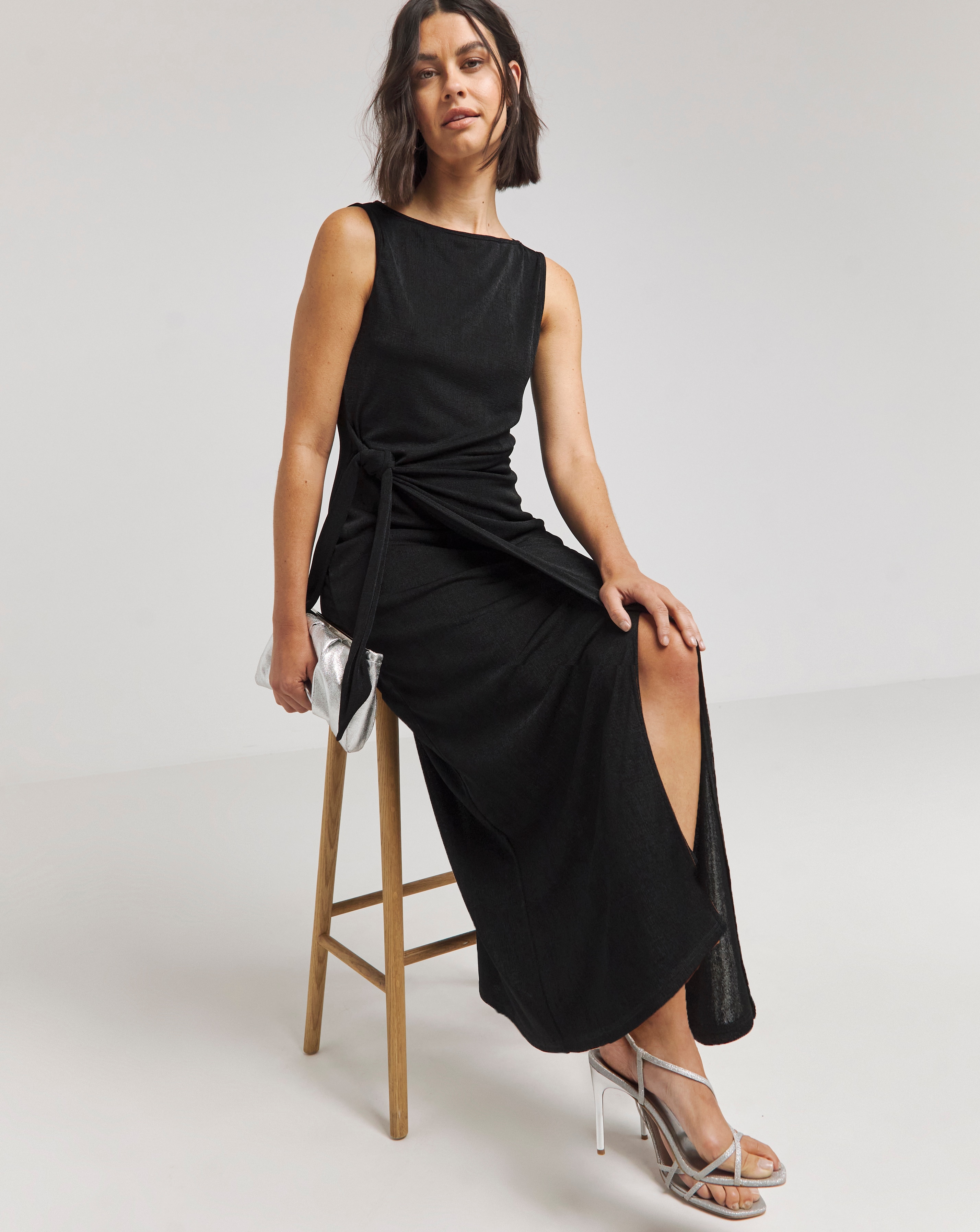 Black Slinky Tie Front Maxi Dress