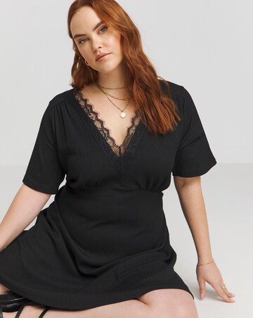 Skater Dress Black V Neck Lace Dress Black Long Sleeve Waffle Lace