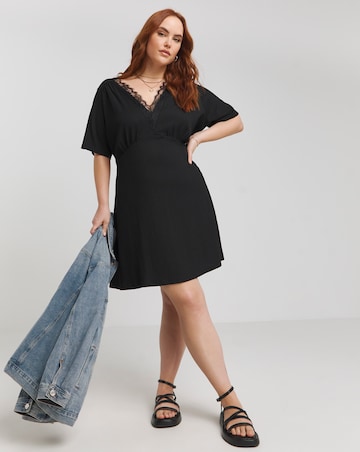 Simply Be Black Waffle Lace Trim Skater Dress