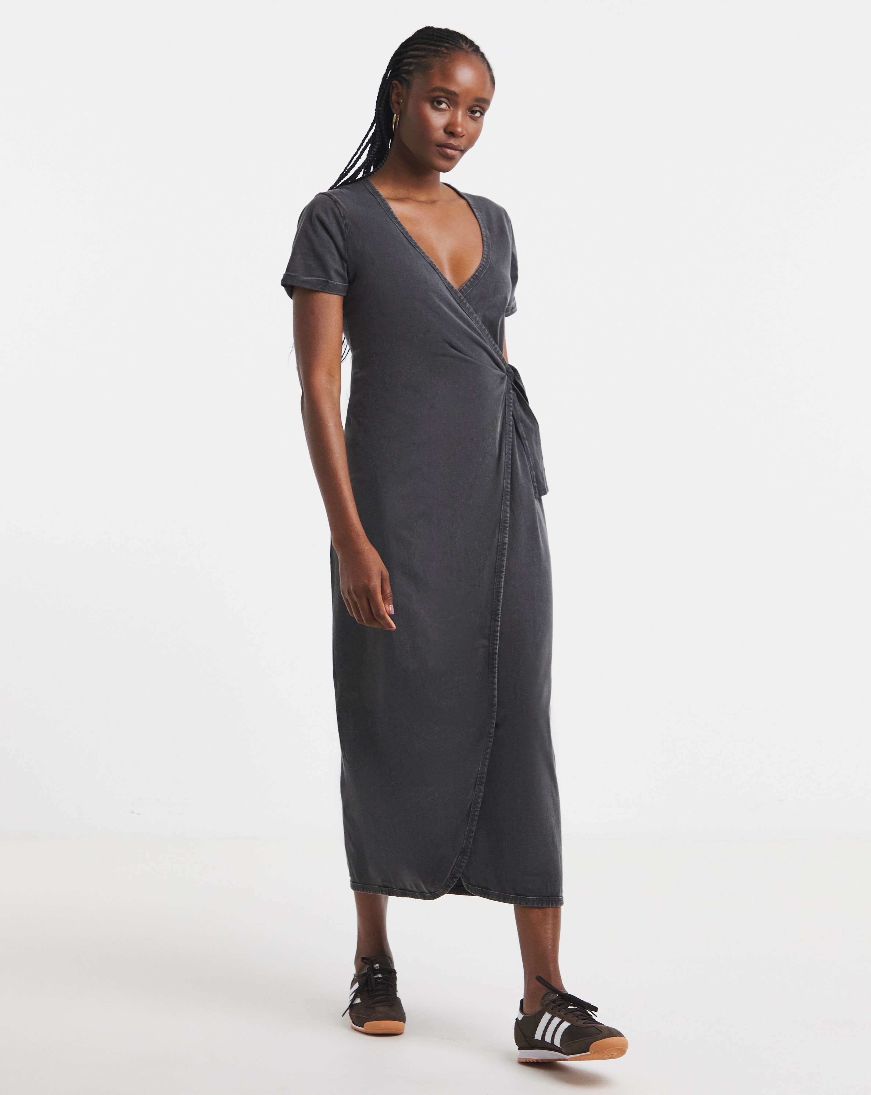 Acid Wash Cotton Jersey Wrap Midi Dress