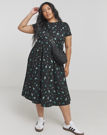 Black Ditsy Supersoft Midi Dress With Pockets