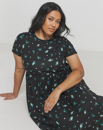 Black Ditsy Supersoft Midi Dress With Pockets