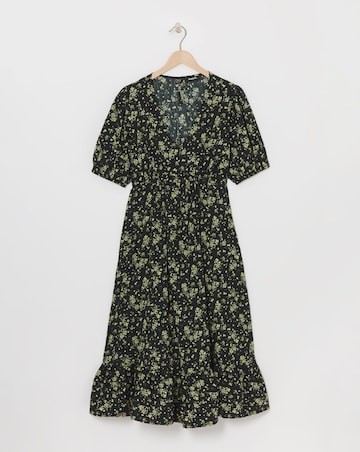 Ditsy Print Textured Puff Sleeve Midi Dress