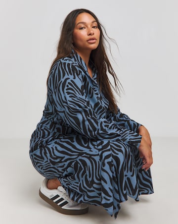 Blue Animal Long Sleeve Button Through Shirt Dress