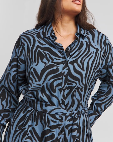 Blue Animal Long Sleeve Button Through Shirt Dress