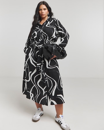 Black Print Long Sleeve Button Through Shirt Dress