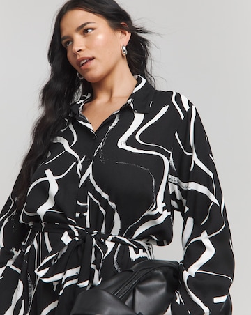 Black Print Long Sleeve Button Through Shirt Dress