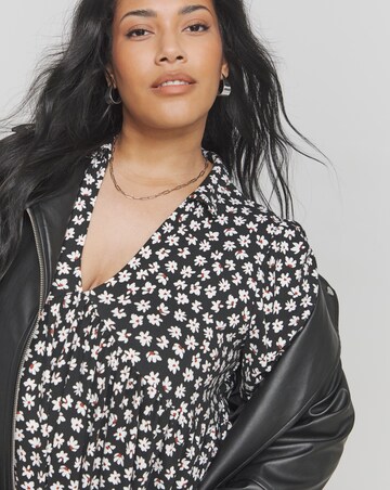 Black Ditsy Print Long Sleeve Supersoft Smock Dress