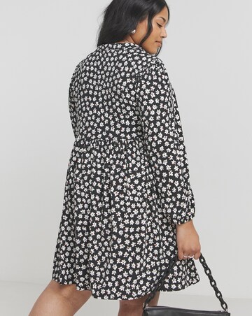 Black Ditsy Print Long Sleeve Supersoft Smock Dress