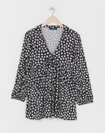 Black Ditsy Print Long Sleeve Supersoft Smock Dress