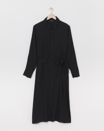 Black Tie Waist Long Sleeve Midi Shirt Dress