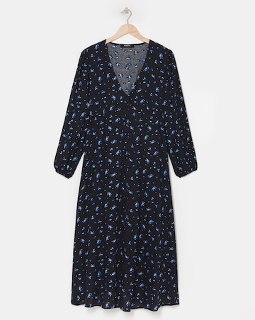 Blue Print Button Through V Neck Midi Dress