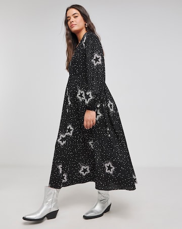 Black Star Print Button Through Midi Dress