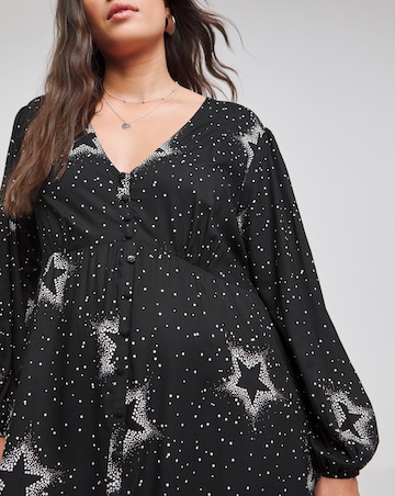 Black Star Print Button Through Midi Dress
