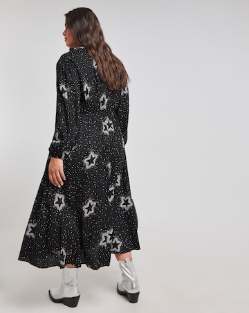 Black Star Print Button Through Midi Dress