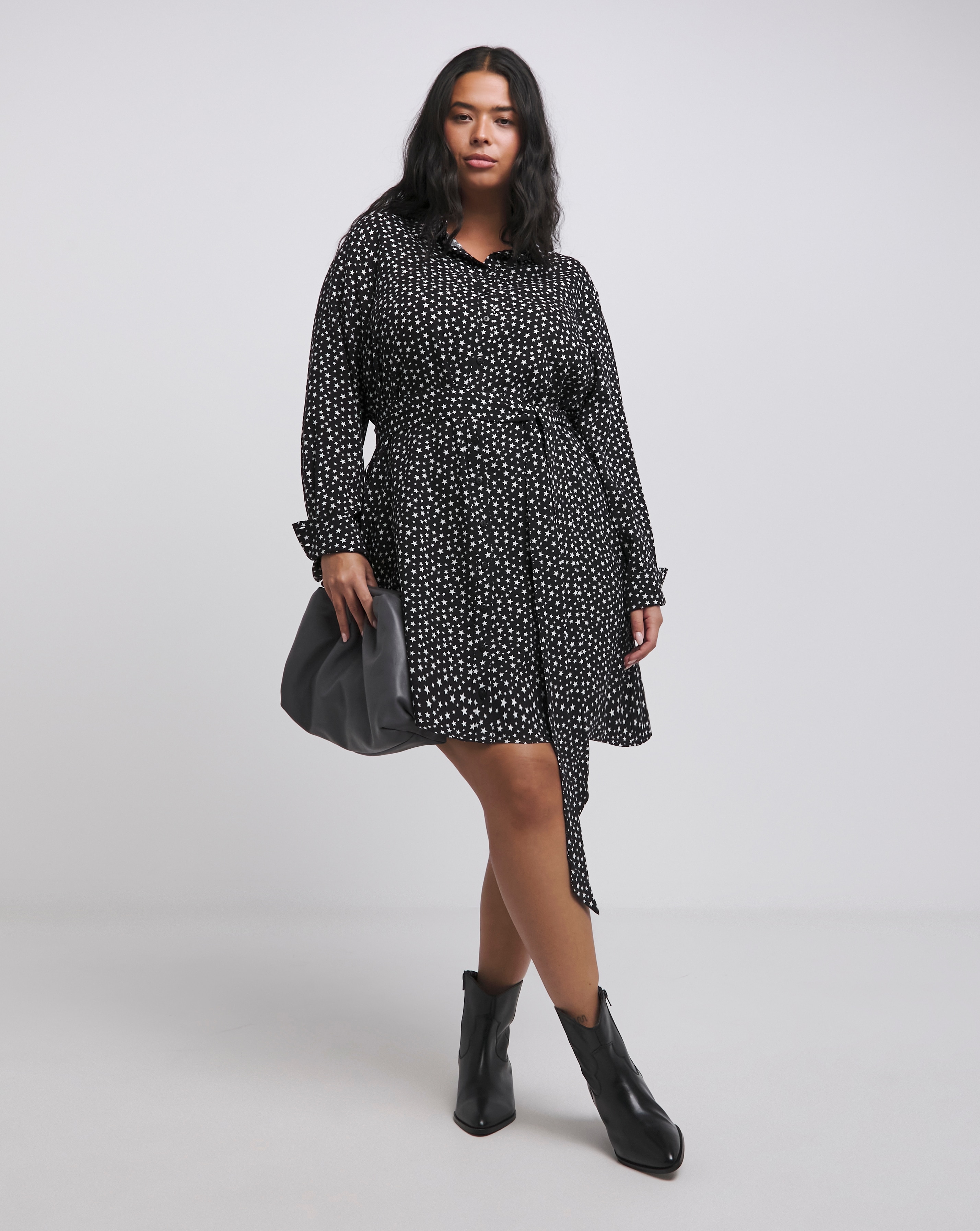 Star Print Long Sleeve Shirt Dress
