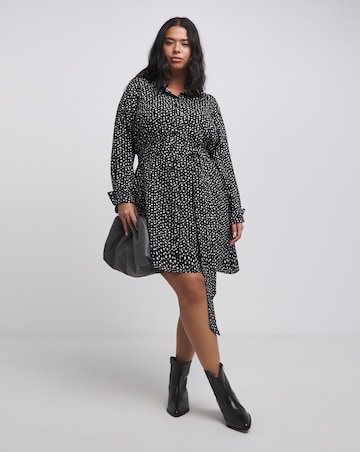 Star Print Long Sleeve Shirt Dress With Tie Belt