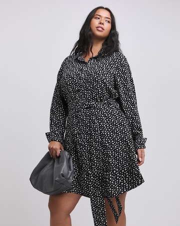 Star Print Long Sleeve Shirt Dress With Tie Belt