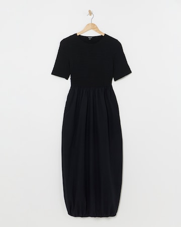 Black Jersey Poplin Mix Puffball Midi Dress