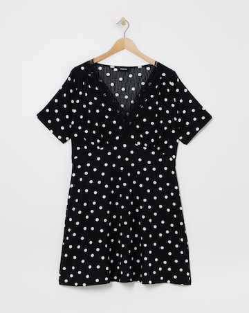 Spot Print Waffle Lace Trim Skater Dress