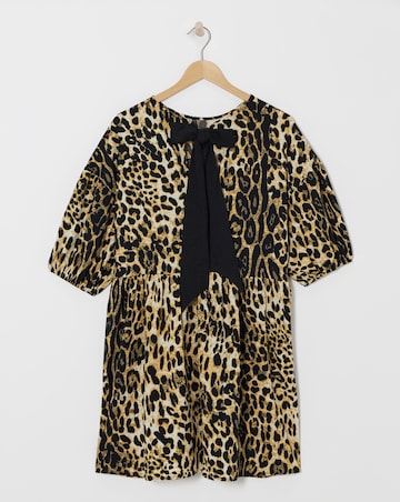 Leopard Print Bow Detail Waffle Smock Dress