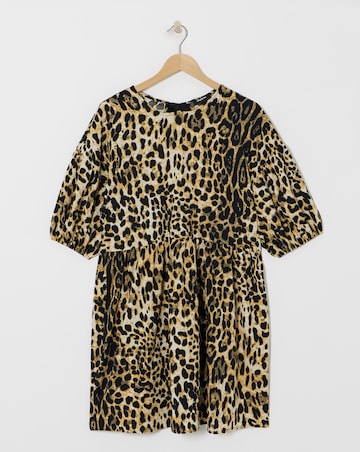 Leopard Print Bow Detail Waffle Smock Dress